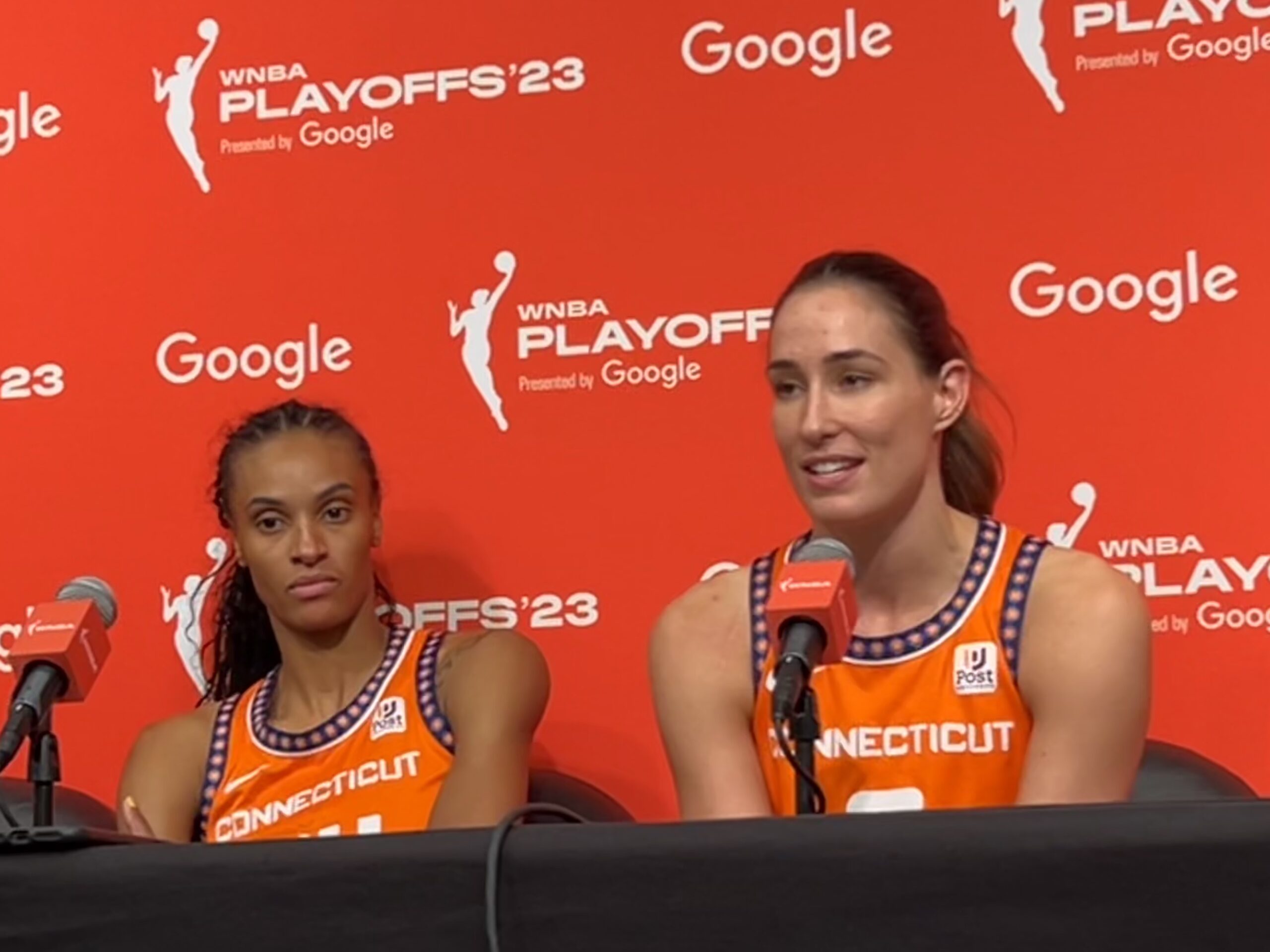 DeWanna Bonner and Rebecca Allen of the Connecticut Sun answer questions following the Sun's Game 1 victory over the New York Liberty on Sept. 24, 2023. (Howard Megdal photo)