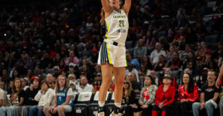 Maddy Siegrist shoots during Game 2 of the WNBA semifinals against the Las Vegas Aces. (Photo via Dallas Wings)