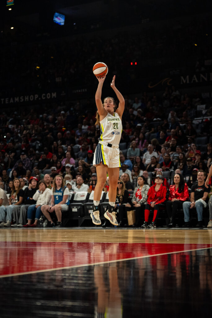 Maddy Siegrist shoots during Game 2 of the WNBA semifinals against the Las Vegas Aces. (Photo via Dallas Wings)