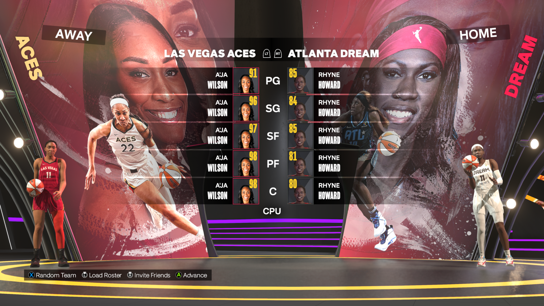A screenshot from the video game NBA 2K24 featuring a team selection screen where the chosen teams are the Las Vegas Aces but with A'ja Wilson five times and the Atlanta Dream with Rhyne Howard five times.