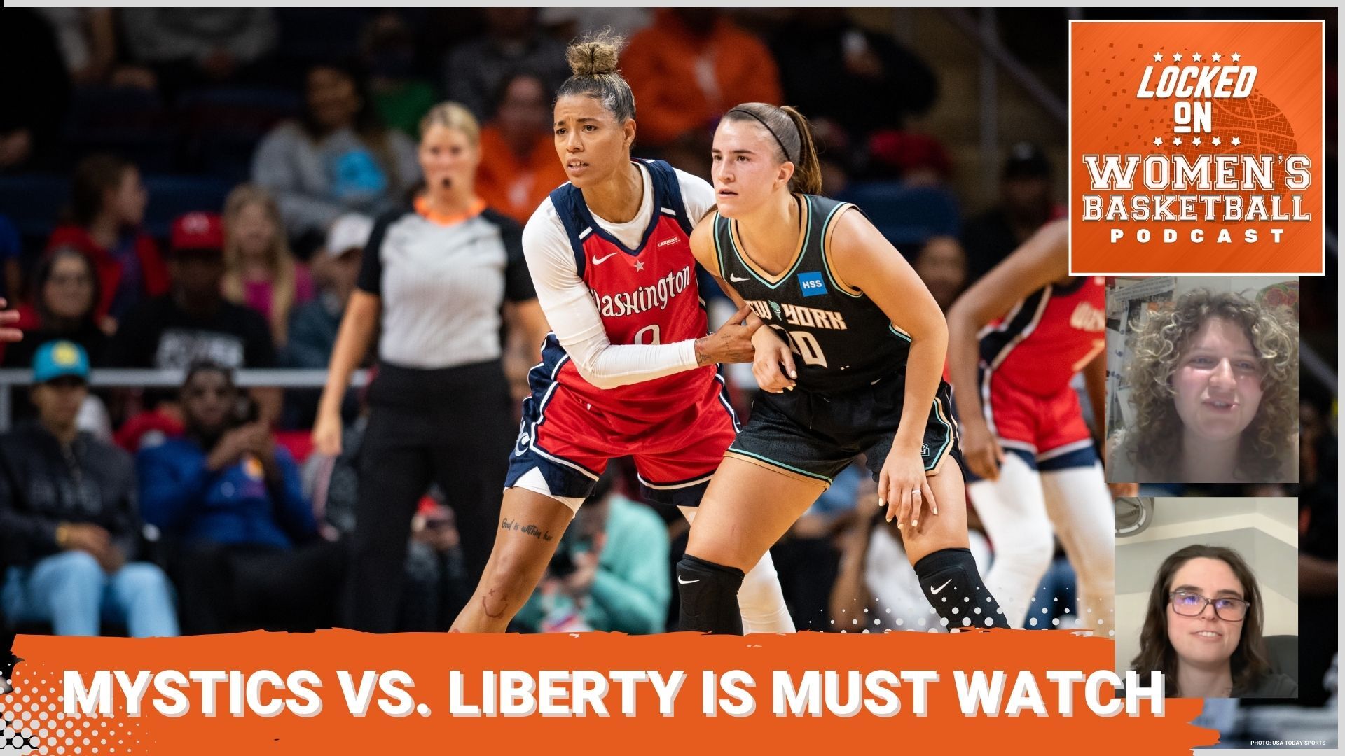 Mystics guard Natasha Cloud (L) and Liberty guard Sabrina Ionescu (R) battle for position. Cloud is wearing a red Mystics jersey and a white arm sleeve on each arm. Ionescu is wearing a black New York Liberty jersey.