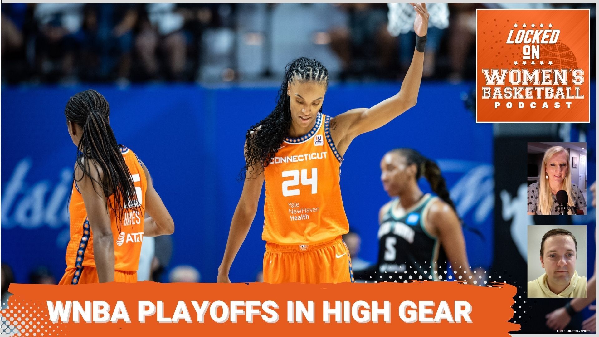 Graphic with a picture of DeWanna Bonner of the Connecticut Sun. Text below reads "WNBA playoffs in high gear."