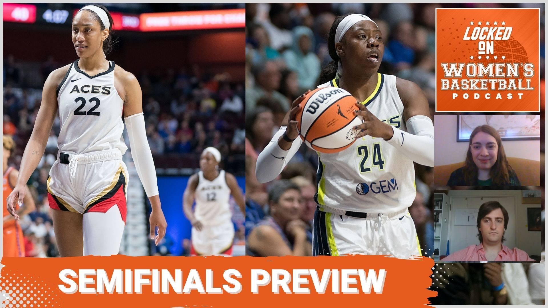 A split image with A'ja Wilson of the Las Vegas Aces facing the camera on the left, and Dallas Wings guard Arike Ogunbowale holding a ball and looking off the the right for an open teammate on the right half of the image. The image has a bottom banner title of "Semifinals Preview"