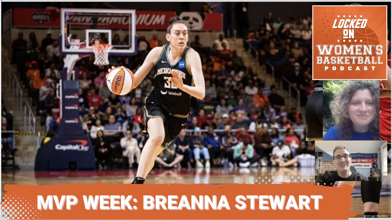 Graphic with a photo of Breanna Stewart with text overlay that says "MVP Week" and her name. There is a Locked On Women's Basketball logo in the upper right corner and screenshots of the hosts, Jackie Powell and Howard Megdal, below.