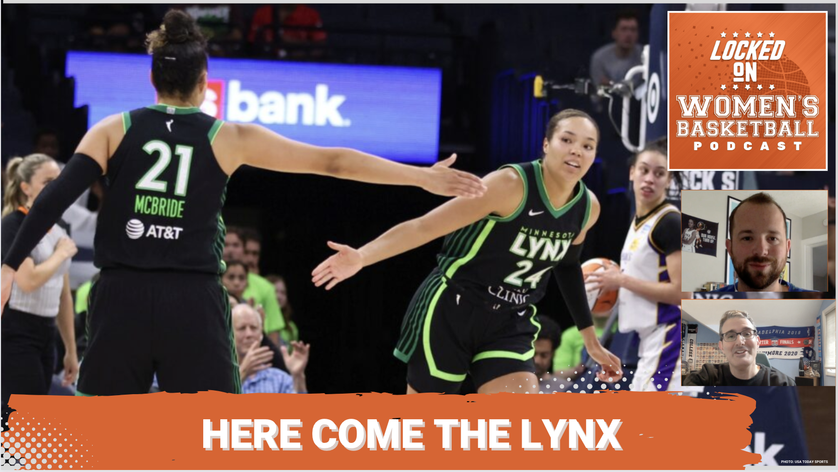 Minnesota Lynx guard Kayla McBride and forward Napheesa Collier high-five. The text "Here Come the Lynx" is overlaid at the bottom in all caps, and the orange Locked on Women's Basketball logo is in the upper right corner.