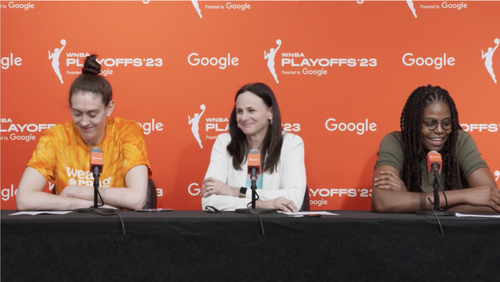 Breanna Stewart, Sandy Brondello and Jonquel Jones address the media following the New York Liberty win in the 2023 WNBA playoffs on Sept. 20, 2023. (Howard Megdal photo)