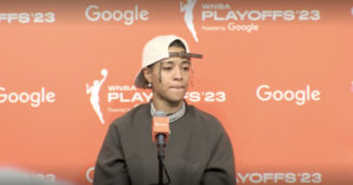 Natasha Cloud addresses the media following the Washington Mystics loss to the New York Liberty on Sept. 20, 2023. (Howard Megdal photo)