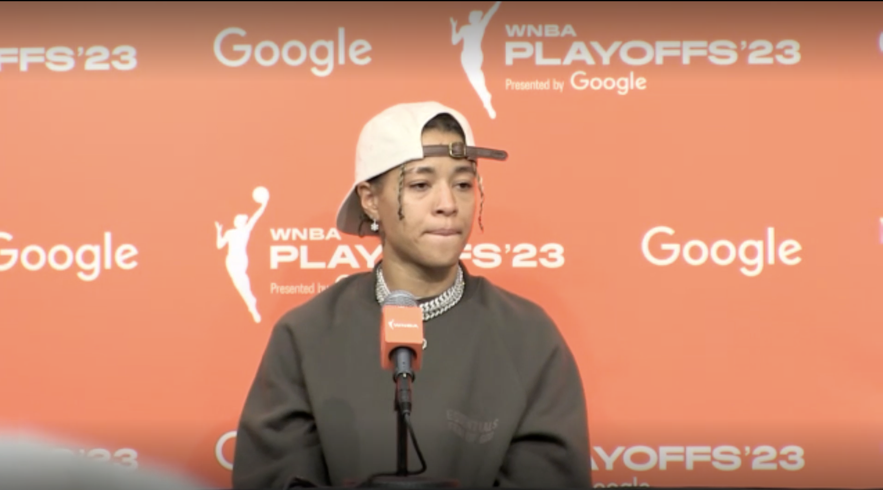 Natasha Cloud addresses the media following the Washington Mystics loss to the New York Liberty on Sept. 20, 2023. (Howard Megdal photo)