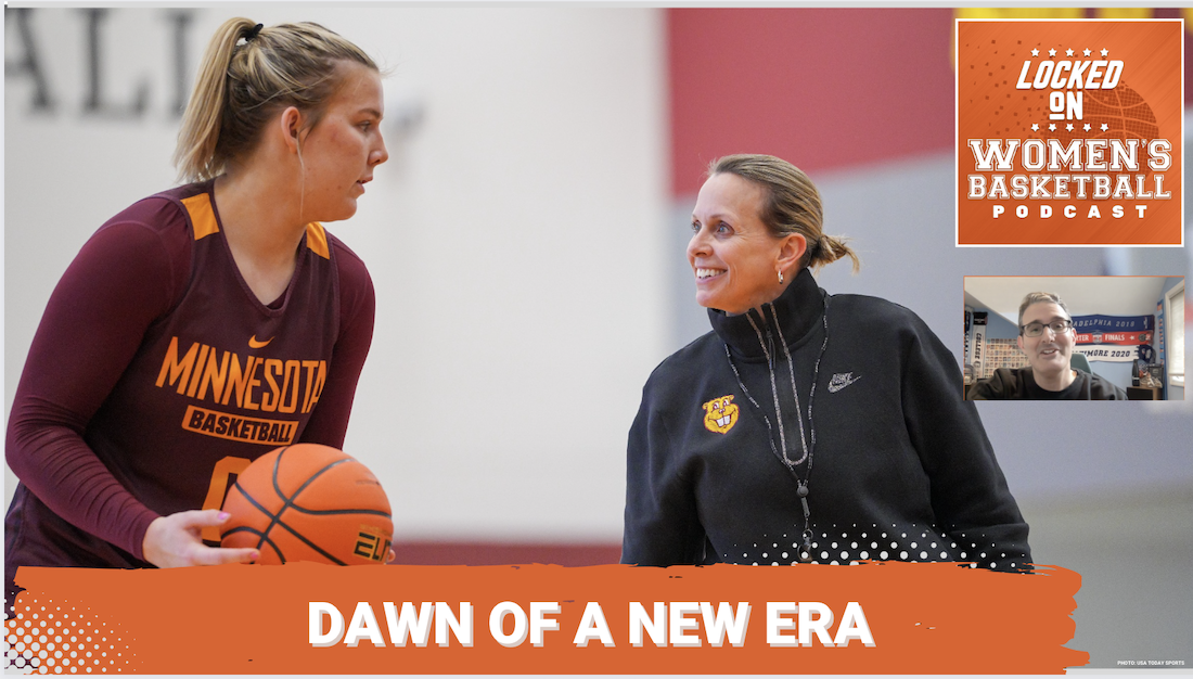 Photo of Minnesota coach Dawn Plitzuweit with a text overlay reading "Dawn of a New Era."