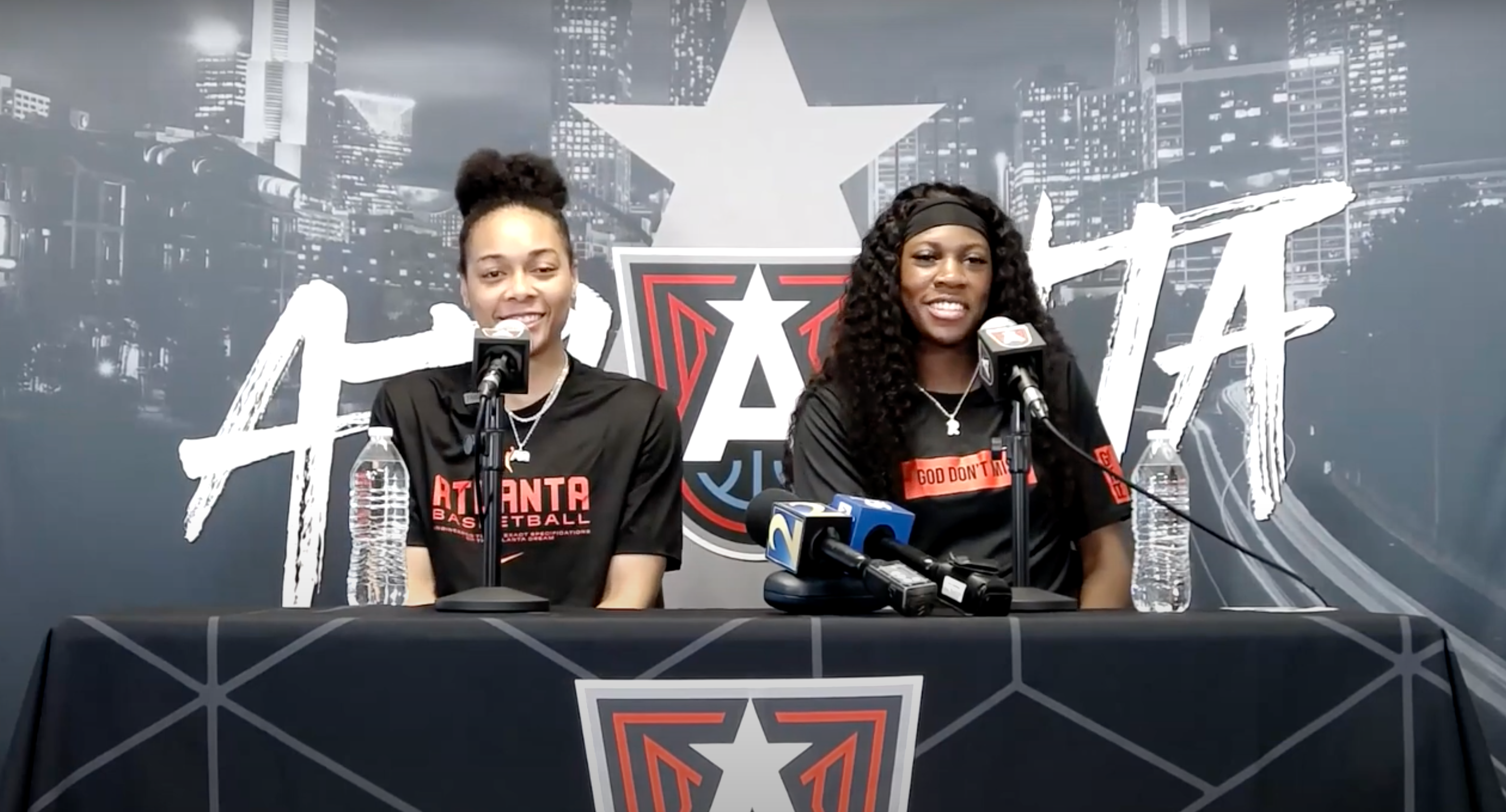 Allisha Gray and Rhyne Howard smiling at Atlanta Dream exit interviews
