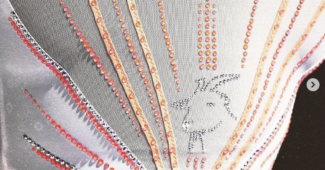 A close-up shot of a white Simone Biles leotard with pink and orange rhinestones and a silver rhinestone goat silhouette.