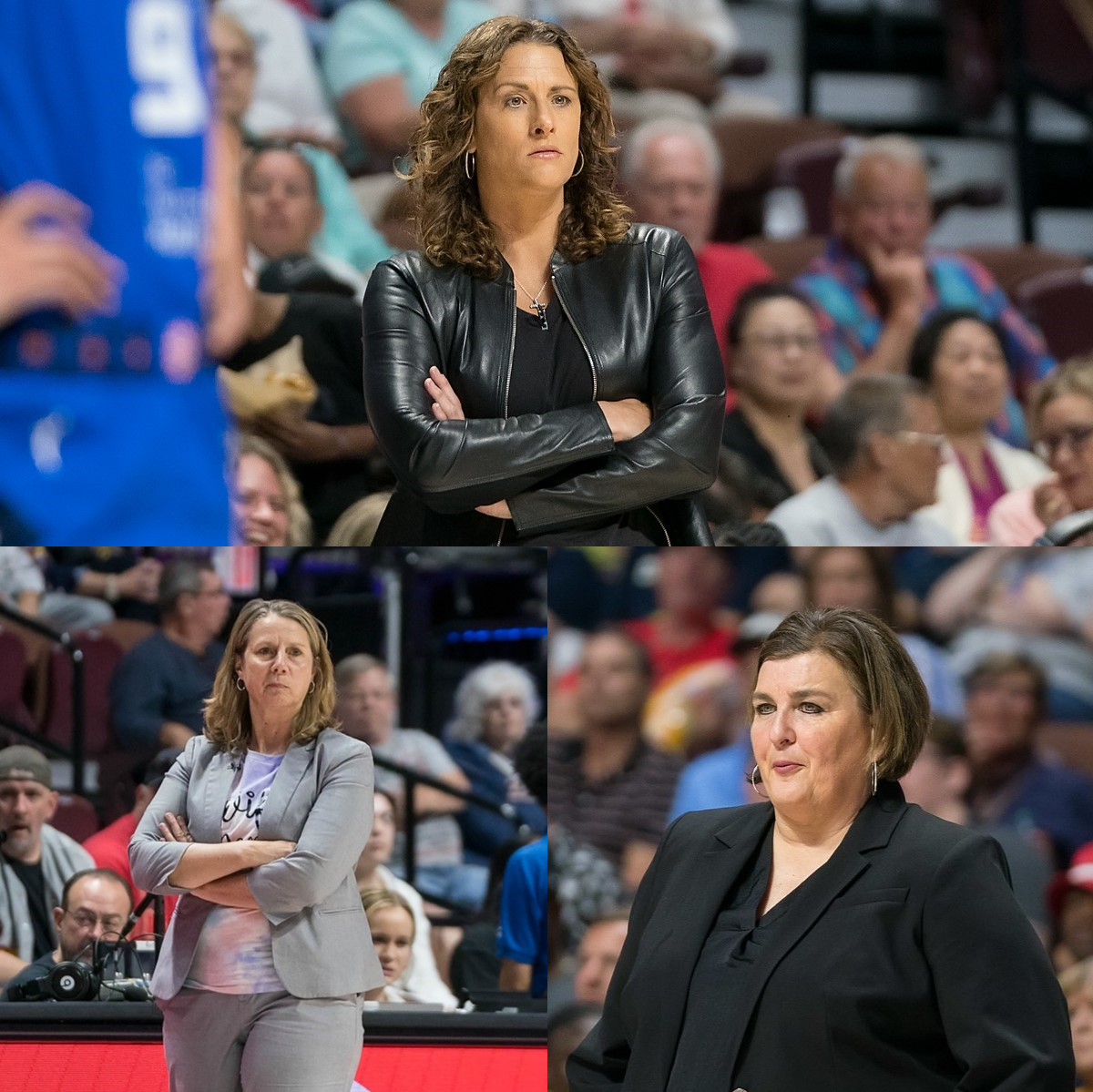 A three-image collage of the WNBA's leading Coach of the Year candidates on their respective sidelines: Stephanie White, Latricia Trammell and Cheryl Reeve.