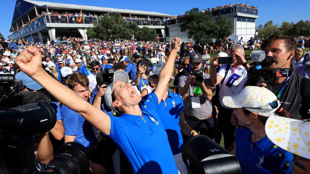 Carlota Ciganda and Team Europe celebrating after retaining the Solheim Cup at Finca Cortesin. Image credits to LPGA.com.