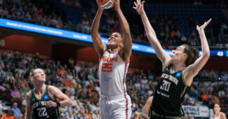 Connecticut Sun forward Alyssa Thomas (25) grabs a rebound during the WNBA game between the New York Liberty and the Connecticut Sun at Mohegan Sun Arena, Uncasville, Connecticut, USA on June 27, 2023. Photo Credit: Chris Poss