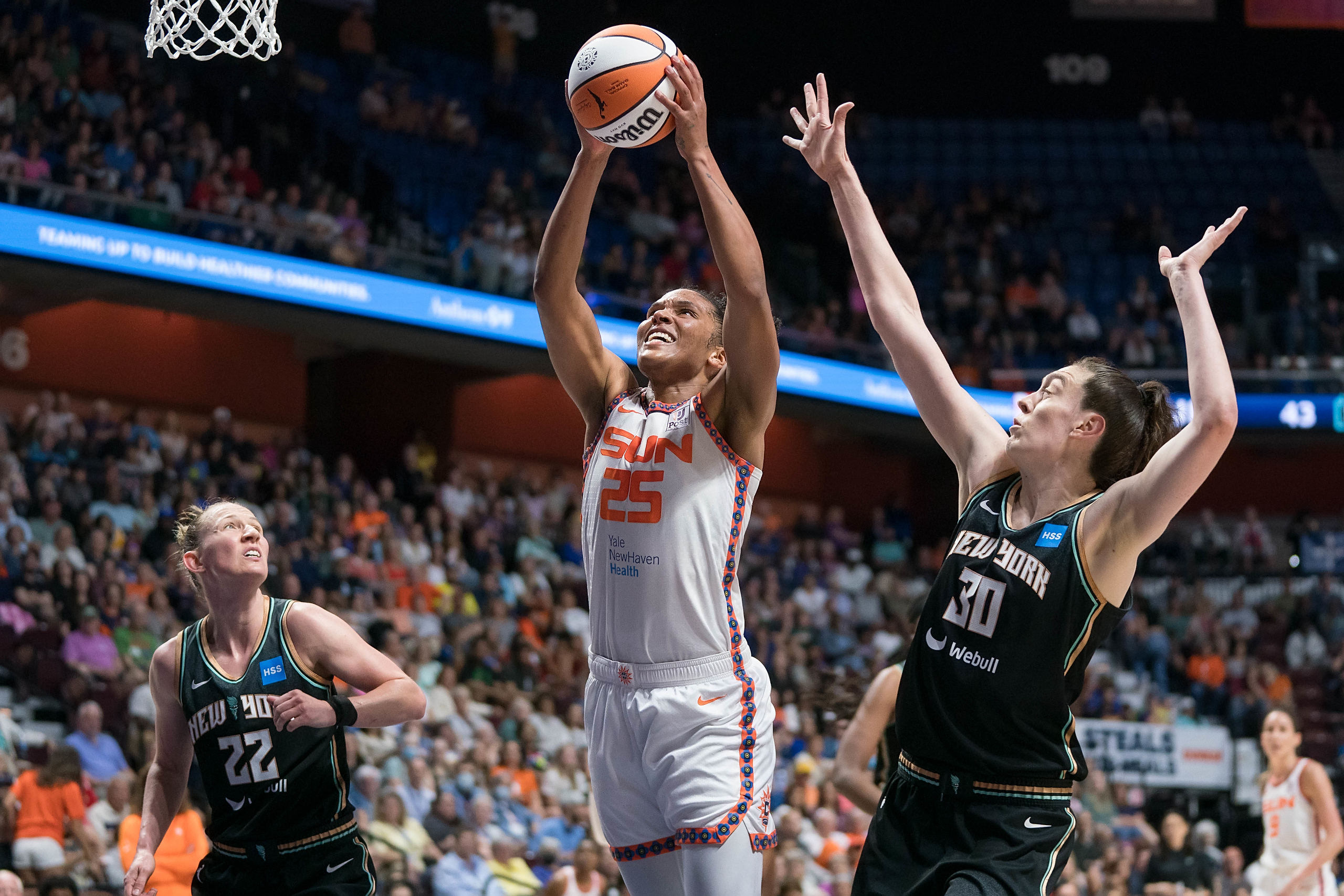 Connecticut Sun forward Alyssa Thomas (25) grabs a rebound during the WNBA game between the New York Liberty and the Connecticut Sun at Mohegan Sun Arena, Uncasville, Connecticut, USA on June 27, 2023. Photo Credit: Chris Poss