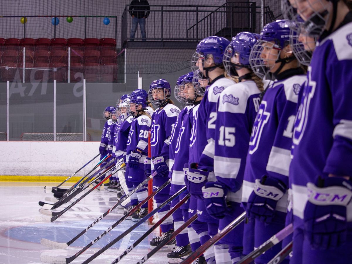 Bishop's University U Sports hockey players lineup ahead of their season opener.