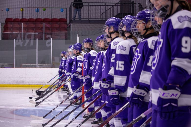 Bishop's University U Sports hockey players lineup ahead of their season opener.