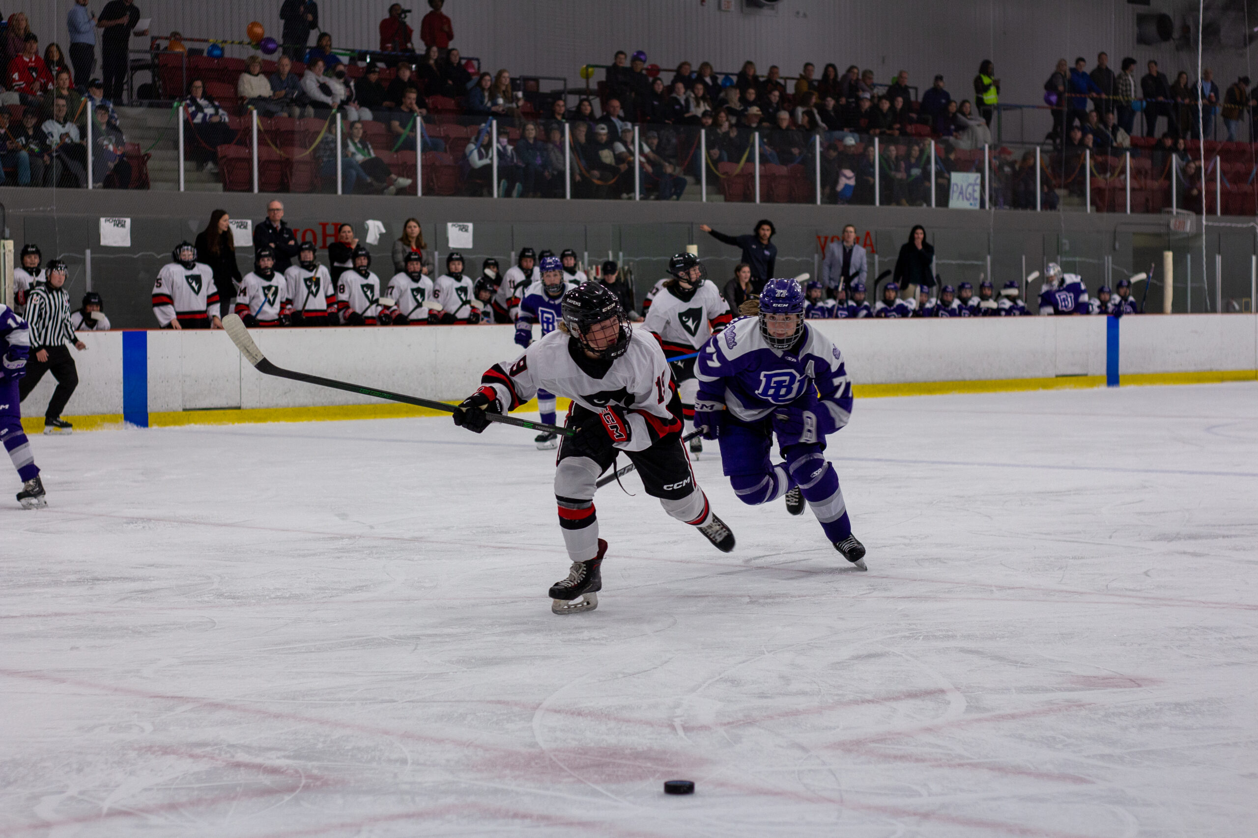A Carleton University hockey player and Bishop's University player chase a puck.