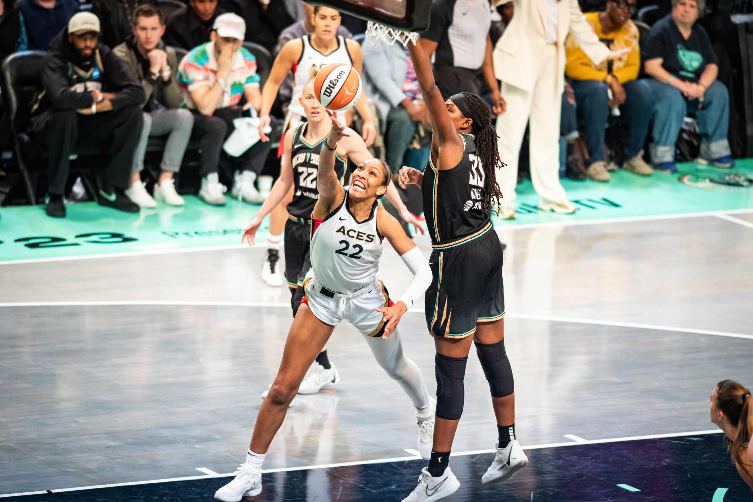 A'ja Wilson tries to shoot past Jonquel Jones in Game 3 of the WNBA Finals in Brooklyn, NY. Photo Credit: Dominic Allegra | The Next