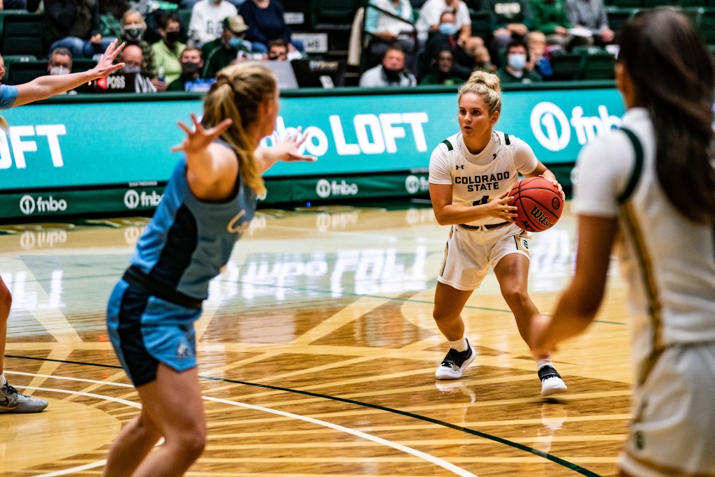 Colorado State guard McKenna Hofschild stands on the perimeter and looks to make a move to her left.