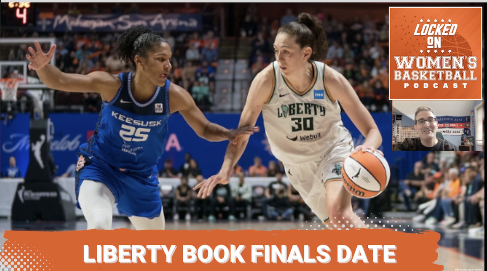 The New York Liberty's Breanna Stewart, wearing a white Liberty jersey, drives to the basket against the Connecticut Sun's Alyssa Thomas, wearing a blue Sun jersey.