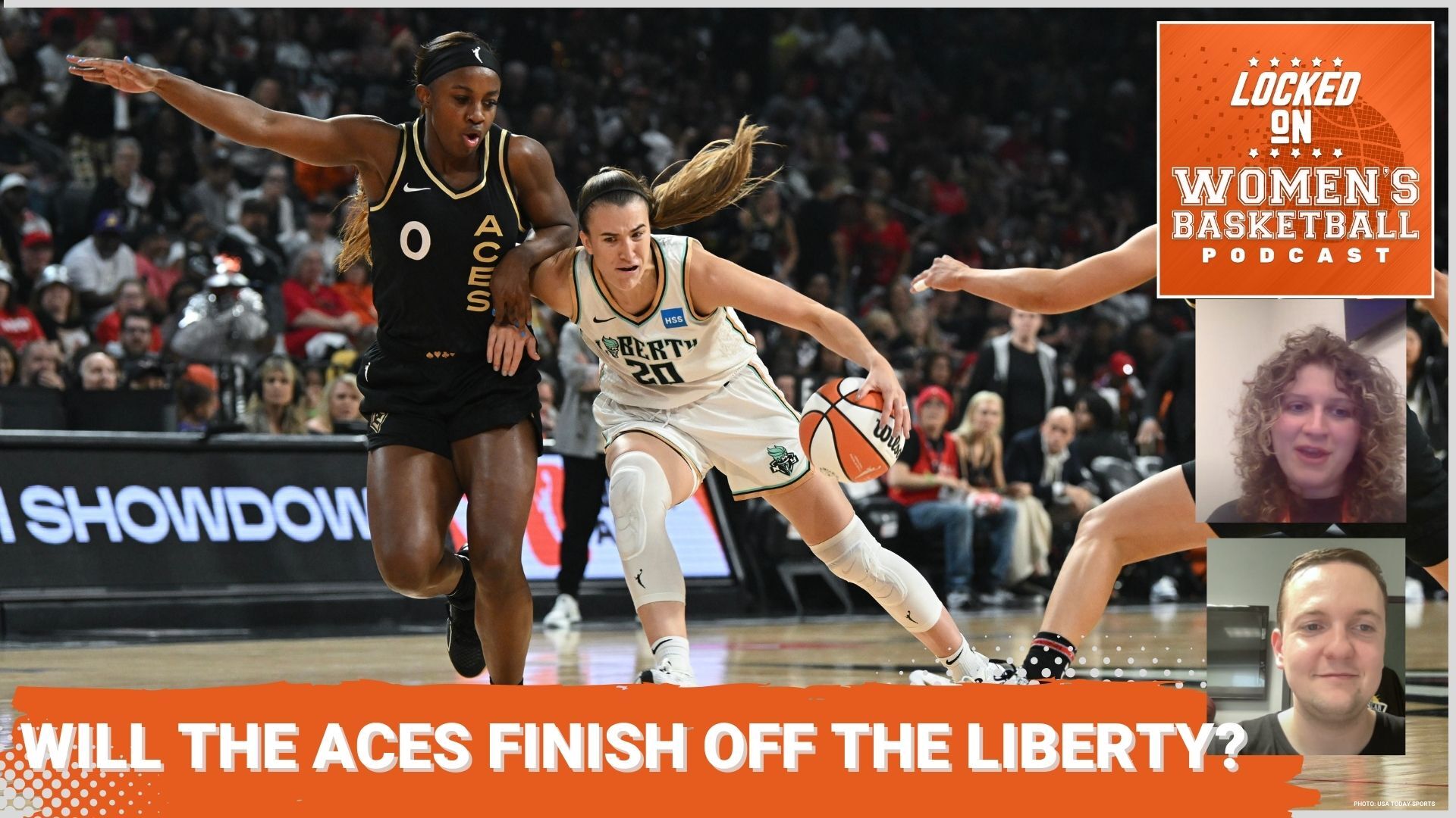 A preview image for an episode of Locked On Women's Basketball featuring a picture of Sabrina Ionescu of the New York Liberty pushing the ball into the lane against the defense of the Las Vegas Aces' Jackie Young with the episode title "Can the Aces finish off the Liberty?" at the bottom of the image.