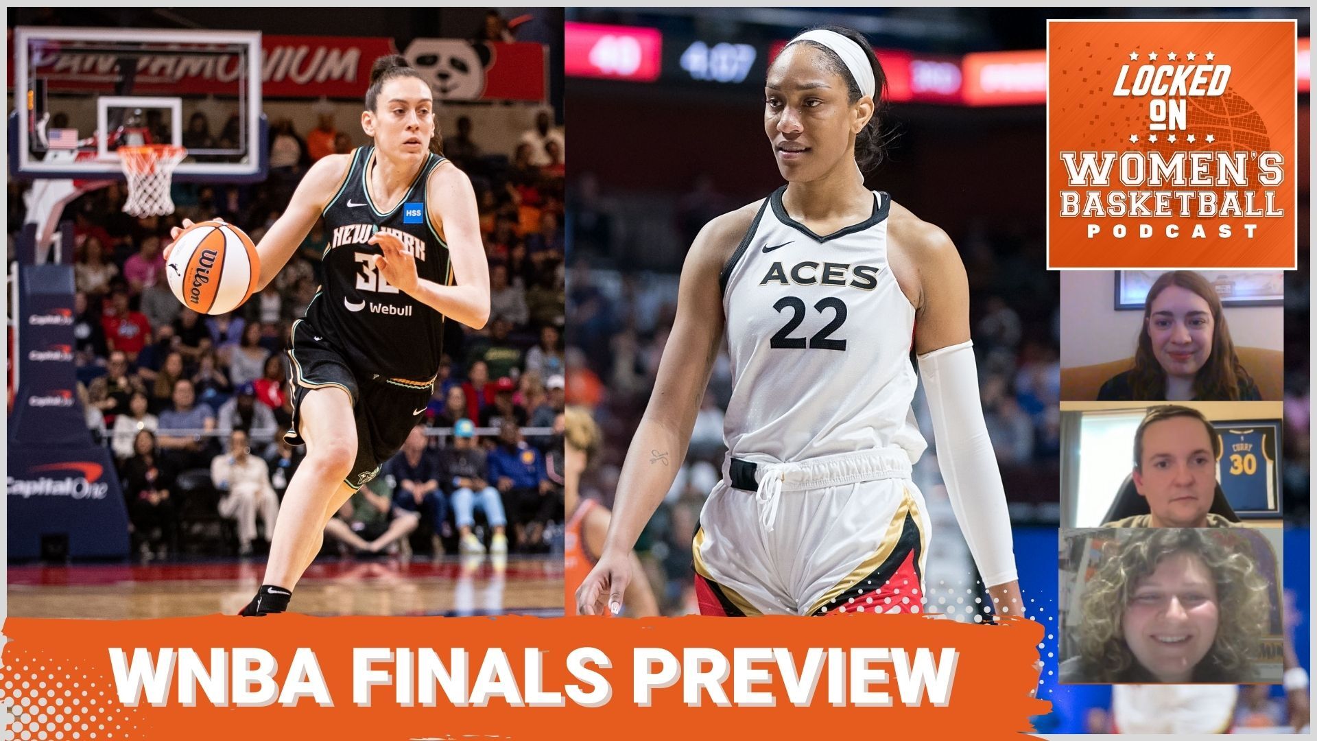 In a thumbnail photo for Locked on Women's Basketball, New York Liberty star Breanna Stewart is pictured alongside Las Vegas Aces star A'ja Wilson.