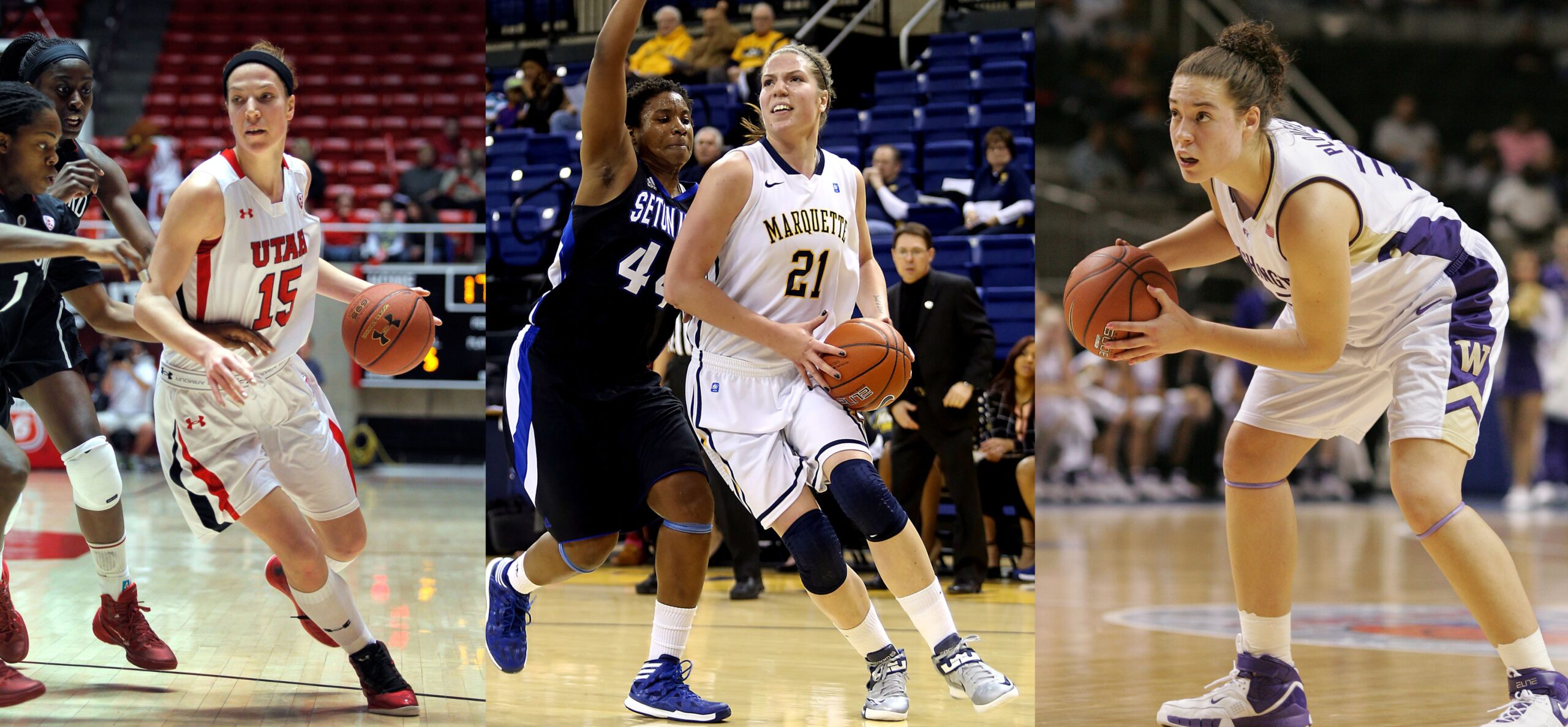 Three photos are displayed side-by-side. In the left and center photos, Utah's Michelle Plouffe and Marquette's Katherine Plouffe make nearly identical moves to the basket with the ball in their left hands. In the photo at right, Washington's Andrea Plouffe holds the ball and surveys her options.