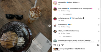 A screenshot of Simone Biles' Instagram post of pancakes and a caramel-swirled coffee from Belgium.