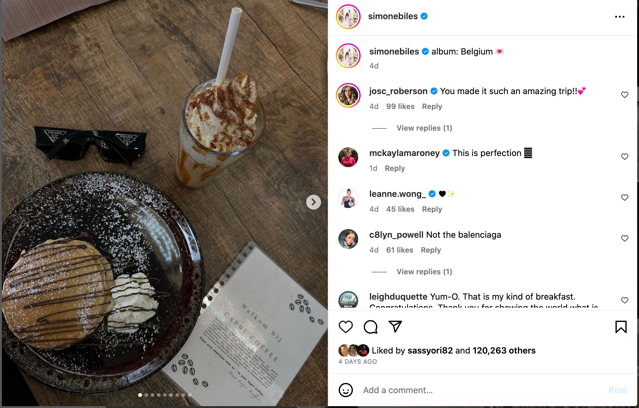 A screenshot of Simone Biles' Instagram post of pancakes and a caramel-swirled coffee from Belgium.