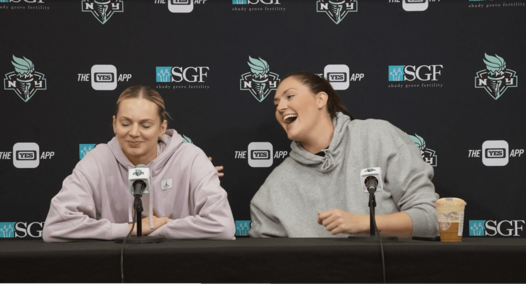 Stefanie Dolson teases Marine Johannès at Barclays Center.