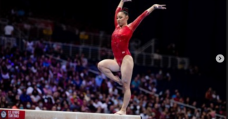 Kara Eaker performing on beam at the U.S. Olympic Trials in 2021. Photo credit: Kara Eaker via Instagram