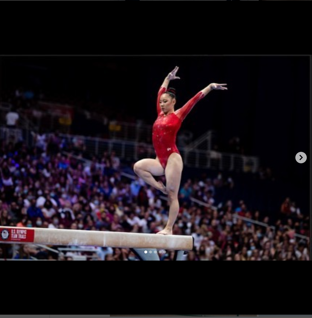 Kara Eaker performing on beam at the U.S. Olympic Trials in 2021. Photo credit: Kara Eaker via Instagram