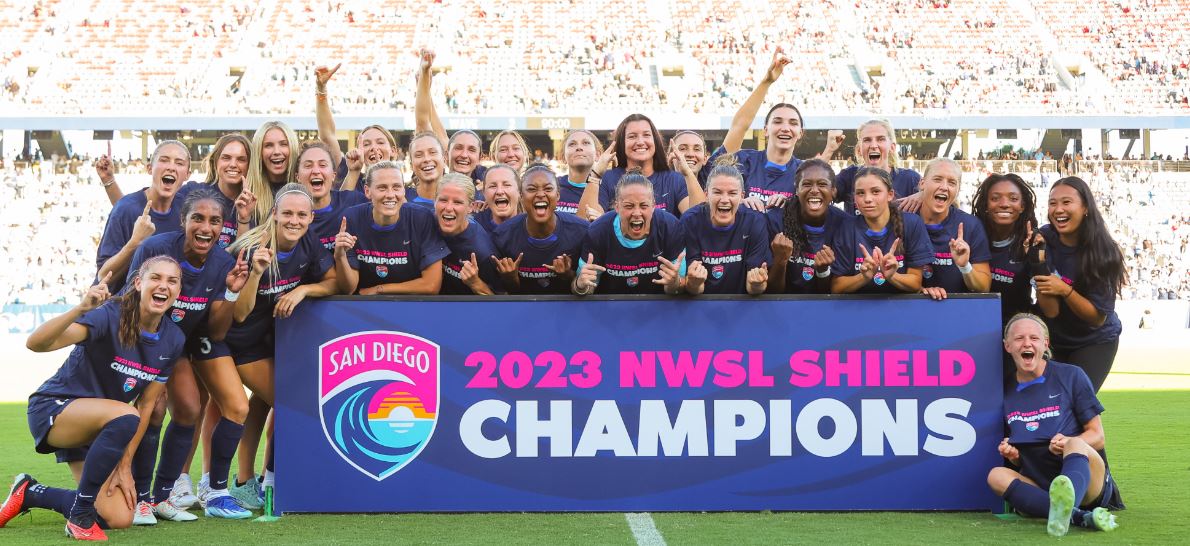 Members of the NWSL's San Diego Wave are pictured in team uniforms holding up a banner that reads "2023 NWSL Shield Champions"