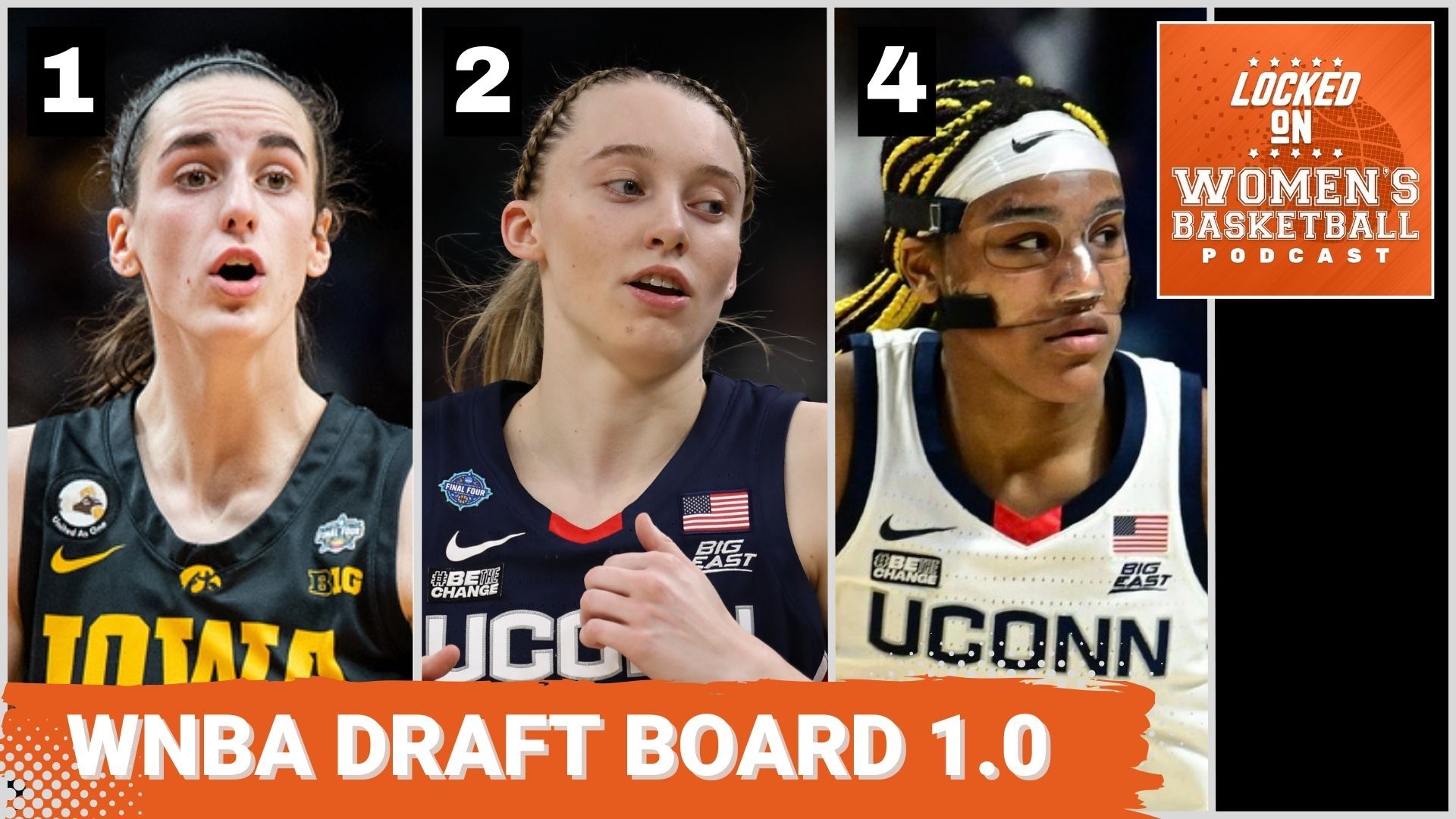 Three photos of top 2024 WNBA draft prospects are shown side-by-side: Iowa's Caitlin Clark, UConn's Paige Bueckers and UConn's Aaliyah Edwards. The text "WNBA draft board 1.0" is overlaid at the bottom in all caps, and the orange Locked on Women's Basketball logo is in the top right corner.