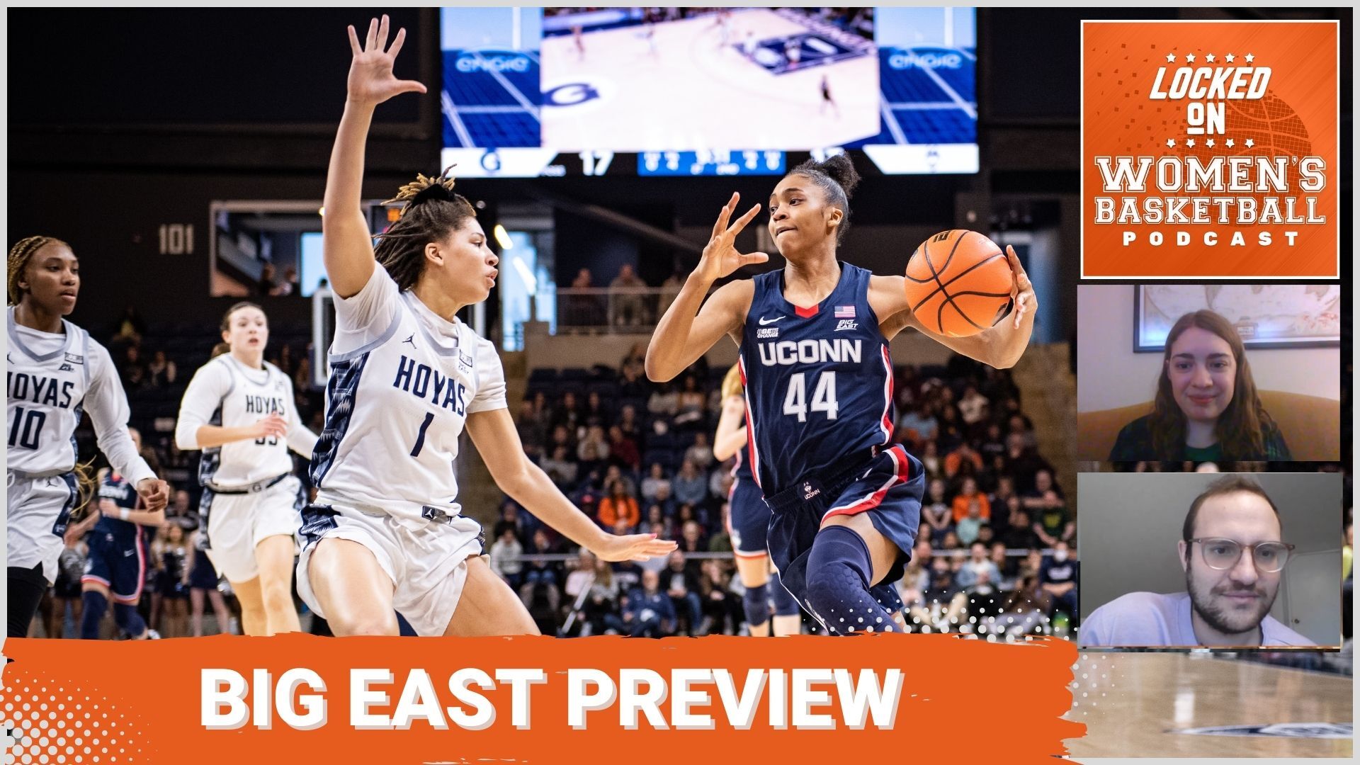 A preview thumbnail for the 2023 preseason BIG EAST preview podcast, featuring a picture of UConn's No. 44 Aubrey Griffin driving to the basket against No. 1 on Georgetown, Kelsey Ransom, and a title at the bottom of the image that reads "BIG EAST PREVIEW"
