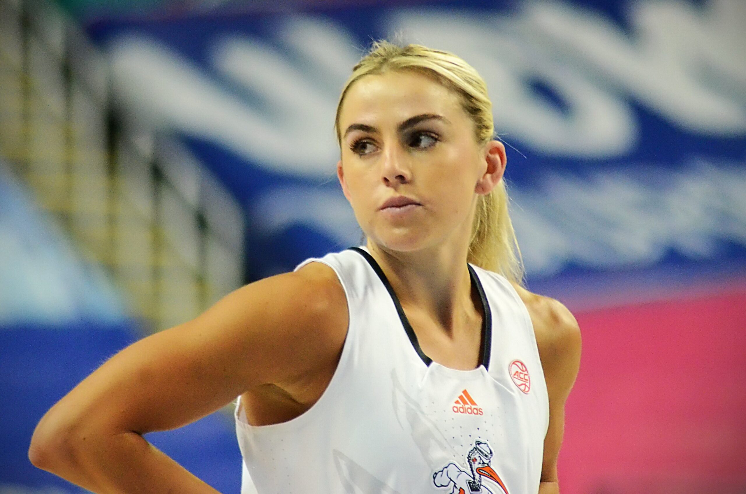 Haley Cavinder glances to the sideline during a stoppage in play at the 2023 ACC Tournament in Greensboro, NC. (Mitchell Northam photo)