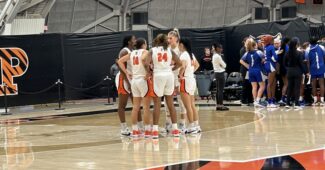 Princeton's Ellie Mitchell talks to her team during a game against Seton Hall on Wednesday, Nov. 29, 2023. (Howard Megdal photo)