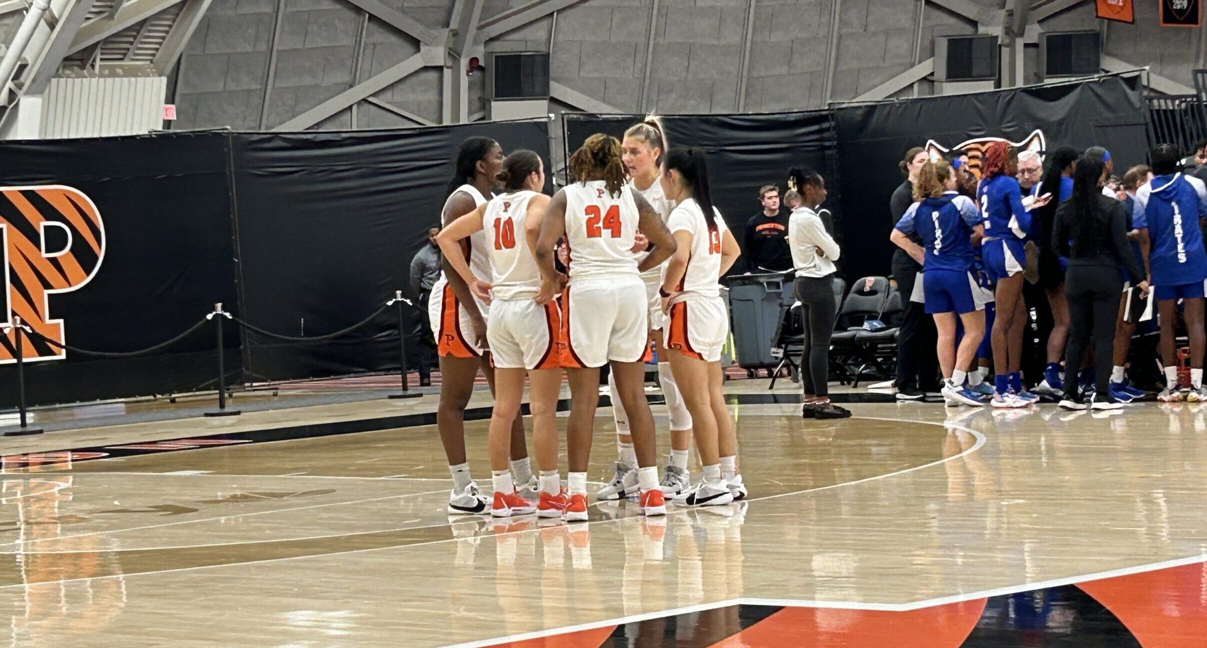 Princeton's Ellie Mitchell talks to her team during a game against Seton Hall on Wednesday, Nov. 29, 2023. (Howard Megdal photo)
