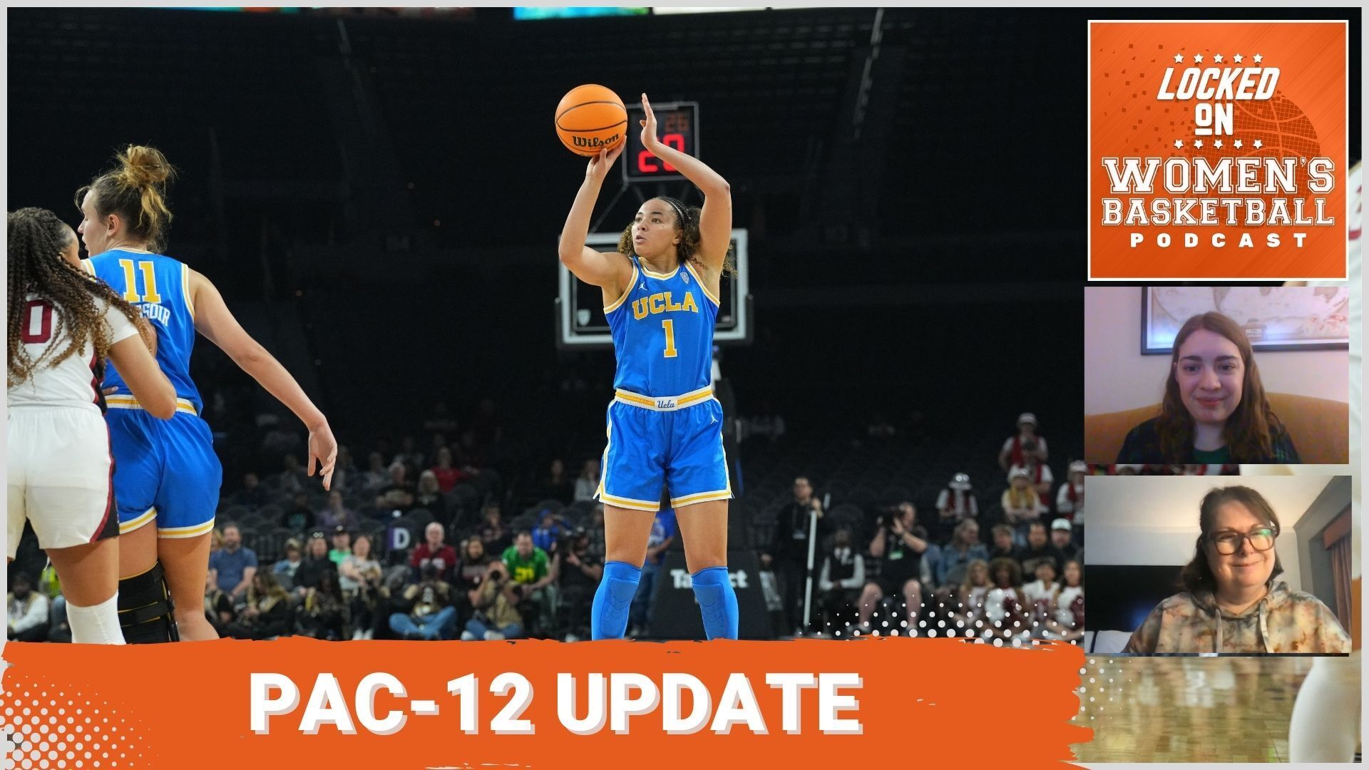 Graphic with a photo of Kiki Rice shooting a jumpshot during a game against Stanford. Text reads "Pac-12 Update"