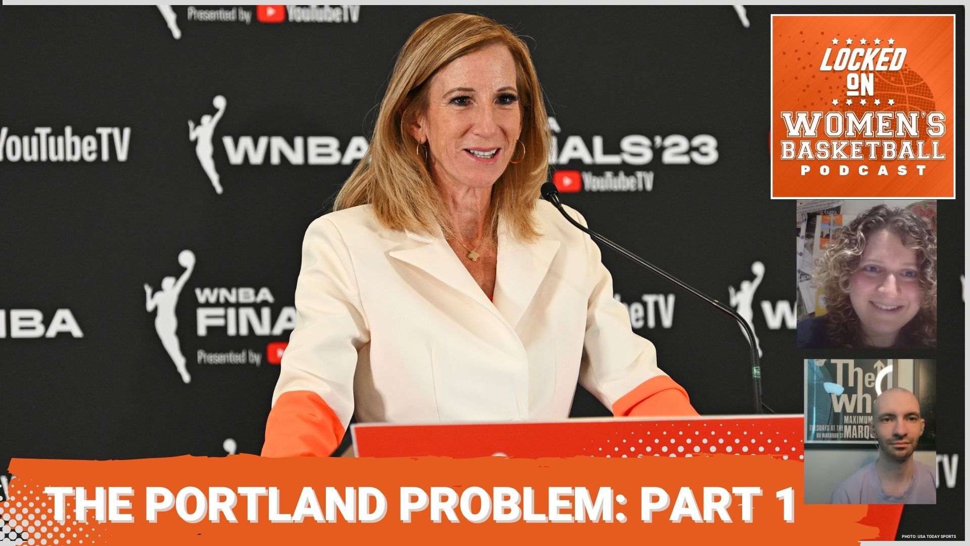 Graphic with photo of WNBA commissioner Cathy Engelbert at a press conference for the 2023 WNBA Finals. Text below reads "The Portland Problem: Part 1"