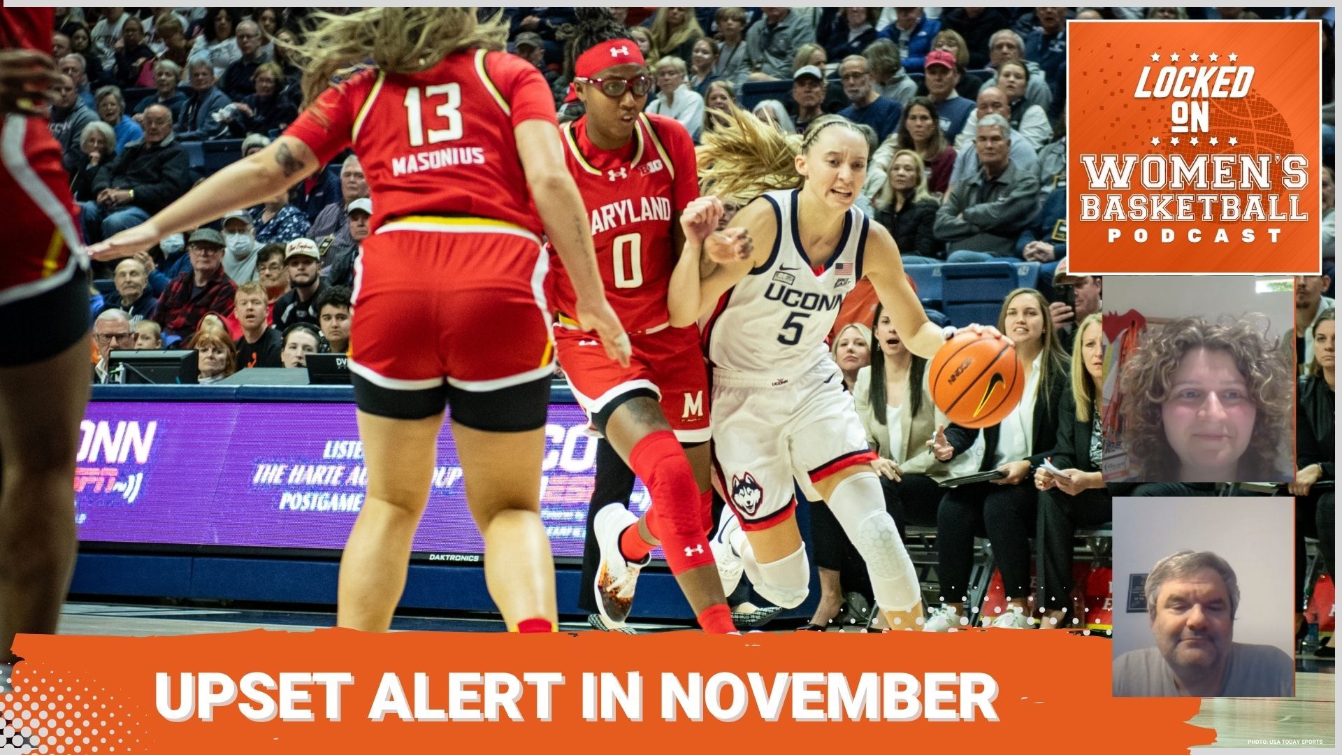 UConn guard Paige Bueckers (5) makes a move to her left against Maryland. The text "Upset alert in November" is overlaid at the bottom in all caps, and the orange Locked on Women's Basketball logo is in the top right corner.