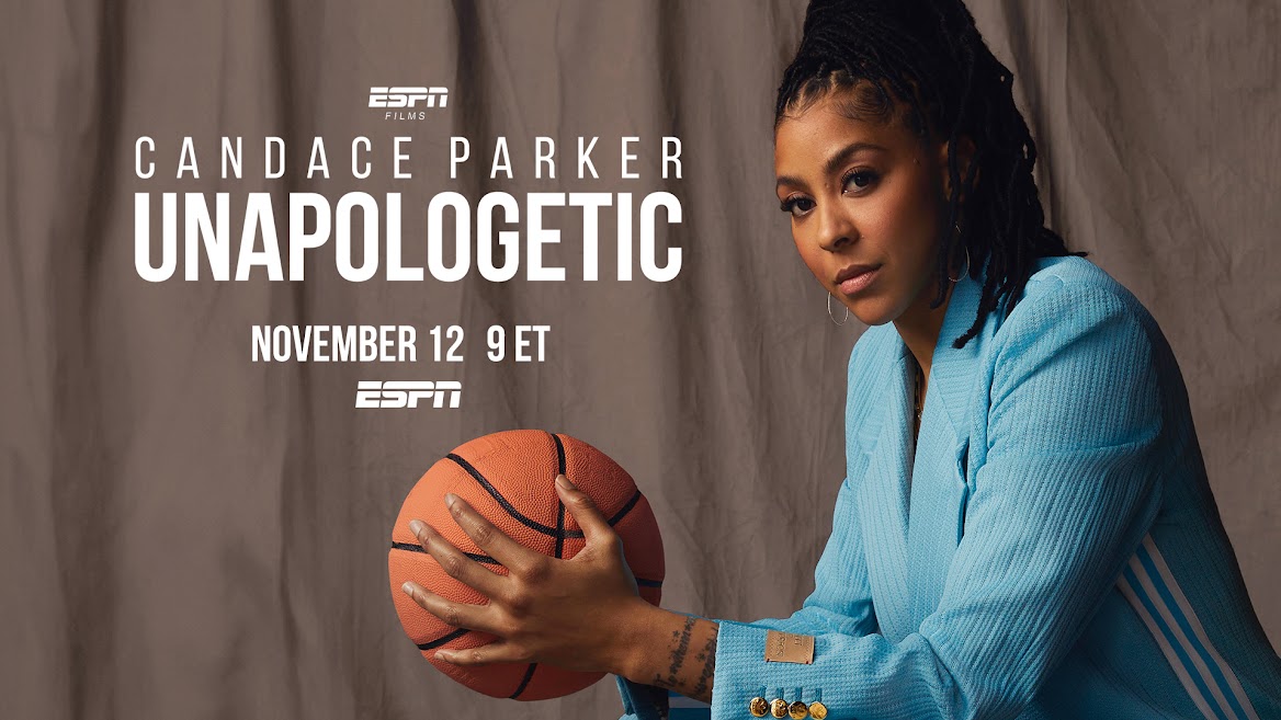 Candace Parker is pictured in a sky blue suit jacket holding a basketball against the backdrop of a promotional title for the film 'Unapologetic'