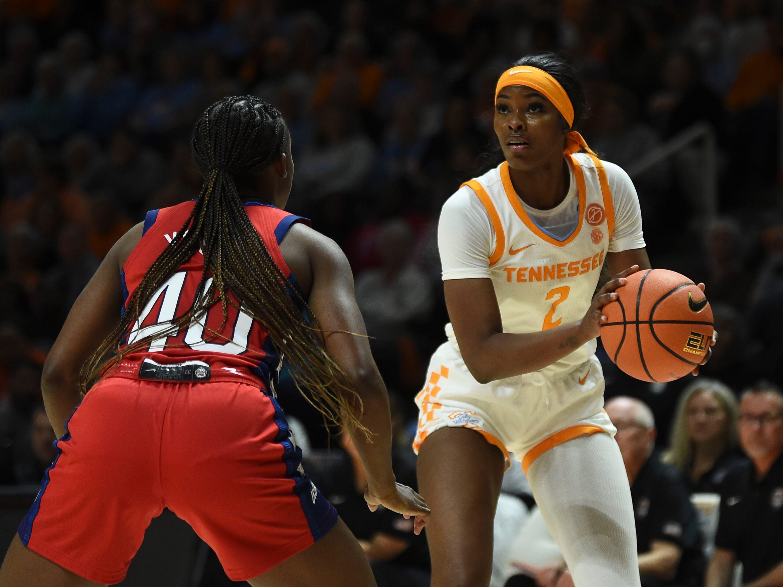 Tennessee big wing Rickea Jackson stands holding the ball out while surveying the off-screen court, as Jackie Young defends her from a couple steps away