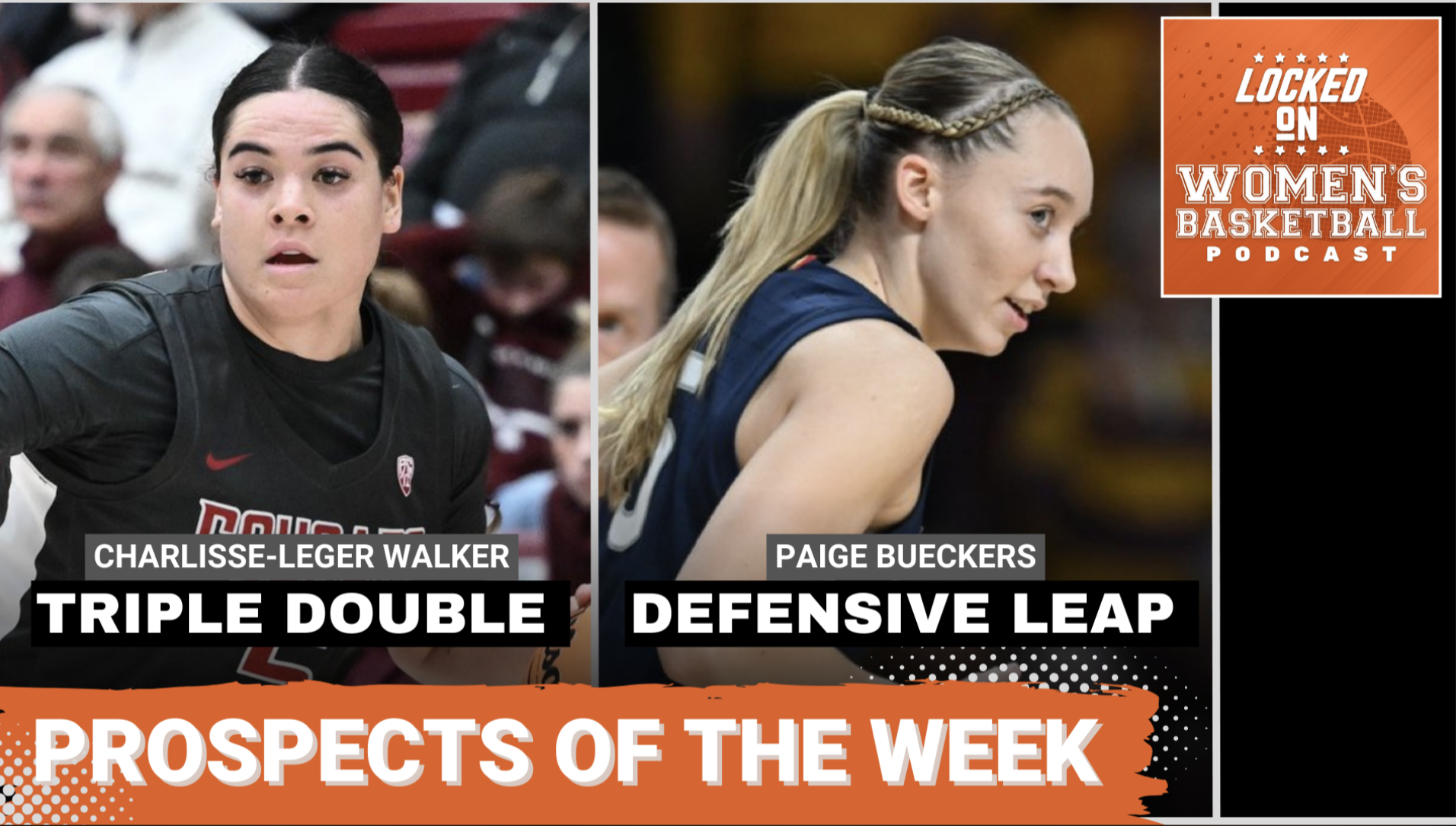 Basketball players Charlisse Leger-Walker and Paige Bueckers are pictured side to side over the Locked on Women's Basketball overlay. The episode title reads Prospects of the Week.
