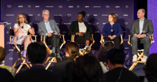 Nov 9, 2023; San Diego, California, USA; From left, NWSL commissioner Jessica Berman, CBS Sports chairman Sean McManus, ESPN executive vice president Rosalyn Durant, Amazon vice president Marie Donoghue and E.W. Scripps Company CEO Adam Symson on stage during a press conference announcing the NWSL’s new media partnerships with CBS Sports, ESPN, Prime Video, and Scripps Sports at Venue 808. Kyle Terada-USA TODAY Sports