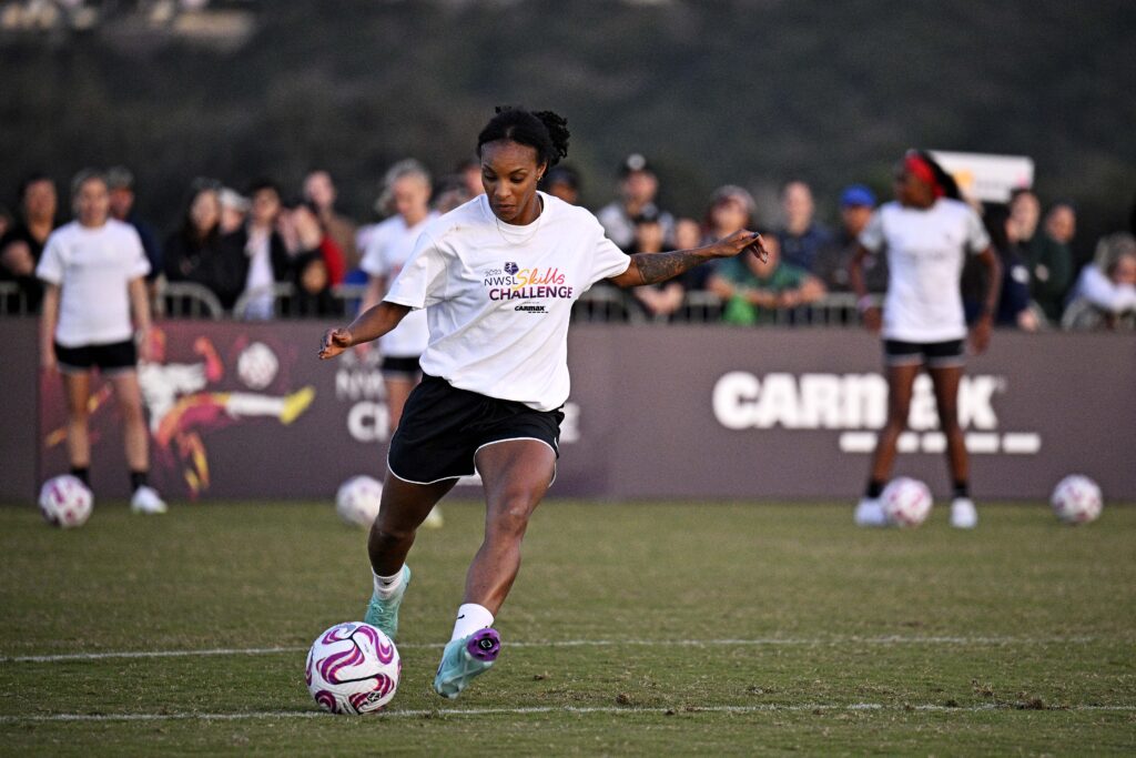 Nov 10, 2023; Del Mar, California, USA; Midfielder Crystal Dunn, seen in the NWSL Skills Challenge presented by CarMax at Surf Sports Park, won't be on the USWNT in December, but will be a big part of NWSL free agency after announcing she's leaving Portland. Mandatory Credit: Orlando Ramirez-USA TODAY Sports