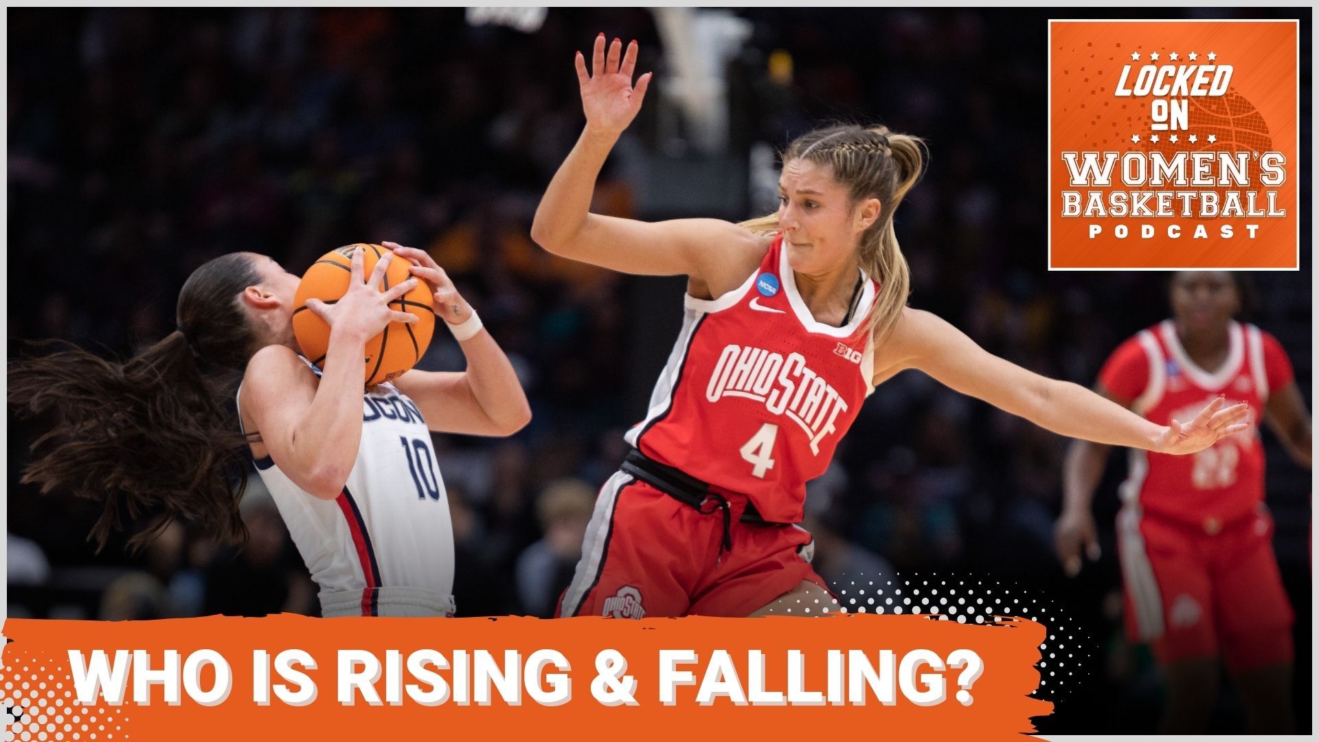 UConn guard Nika Muhl holds the ball near her face with two hands as Ohio State guard Jacy Sheldon defends her. The text "Who is rising & falling?" is overlaid at the bottom in all caps, and the orange Locked on Women's Basketball logo is in the top right corner.