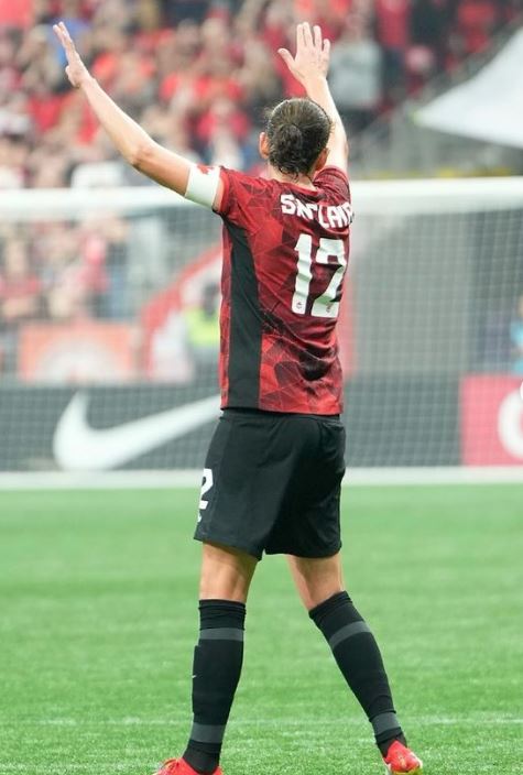 Christine Sinclair waves to crowd during last match for the Canadian national team. (Photo Credit | Canada Soccer)