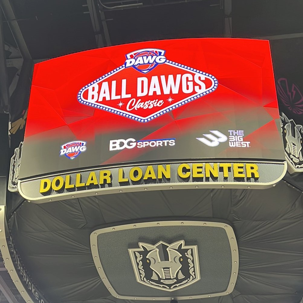A picture of the centercourt jumbotron, which is displaying the Ball Dawgs Classic logo